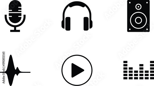 Black and white audio equipment microphone headphones microphone, headphones, speaker, play button, sound wave, volume meter, audio black and white, sound equipment, music symbols, playback, recording