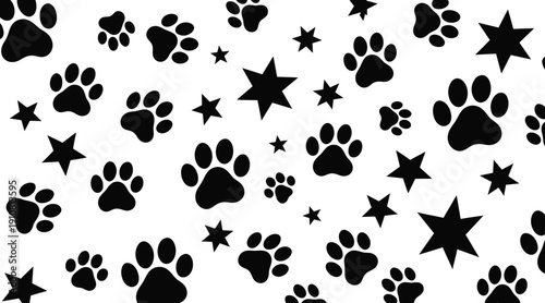 Black paw prints and stars on white background pattern