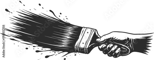 Hand Holding Paintbrush Stroke Dynamic Ink Splash Illustration.
