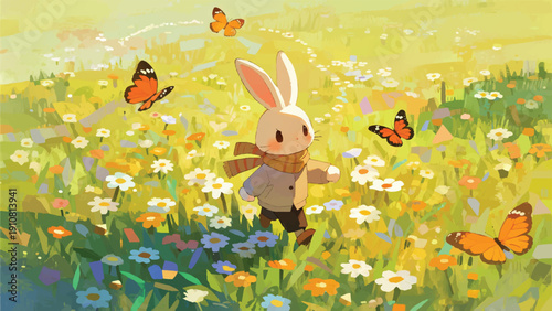 Illustration Of A Rabbit Walking In A Spring Flower Field, Butterflies Flying, Cheerful Holiday Atmosphere Vector Design Template