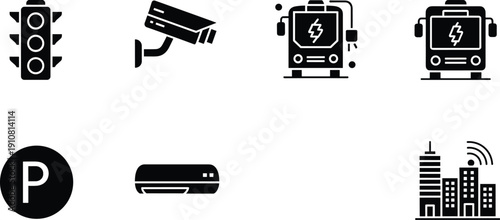 Black and white urban infrastructure traffic light traffic light, security camera, electric bus, parking sign, train, city skyline, urban black and white, transportation symbols, city infrastructure, 