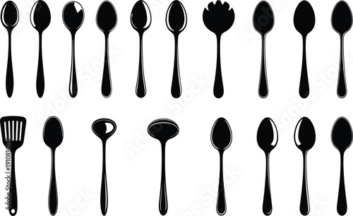 Collection of Black Spoon and Kitchen Utensil Silhouettes Isolated on White Background, Flat Lay Cutlery Set Illustration for Cooking and Dining Concepts