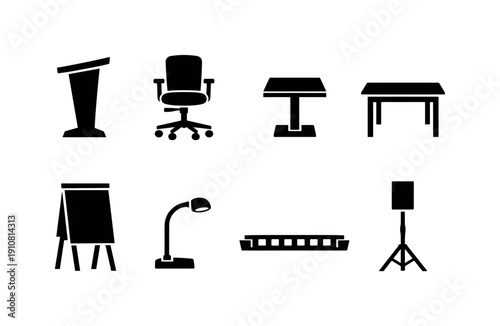 A set of simple, modern vector graphics depicting essential items for a workspace or event setup