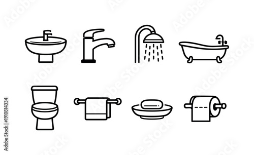 This graphic displays a set of clean, minimalist icons for a sink, faucet, shower, bathtub, toilet, towel rack, soap dish, and toilet paper roll