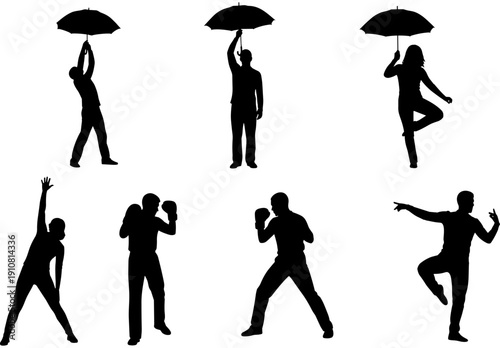People silhouettes set featuring men with umbrellas, boxers in fighting stance, and individuals in athletic dance poses, lifestyle vector illustration.