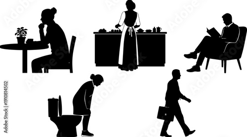 Daily routine silhouette set featuring people cooking, reading, walking, sitting at table, and using restroom, lifestyle activities vector illustration.