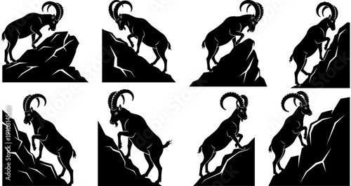 Mountain goat silhouette set climbing steep rocky hills, wild ibex ram jumping on mountain peaks, alpine animal vector illustration collection.