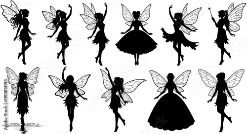 Fairy silhouette set, magical winged mythical creatures, enchanted fantasy characters dancing and flying, ethereal pixie icons for fairy tale and mystery design.
