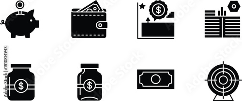Black and white financial including piggy bank and money piggy bank, wallet, money, dollar, jar, banknote, target, graph, finance, economy, saving, currency, wealth, business, investment, symbol, blac