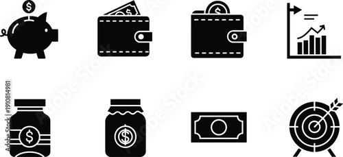 Black and white of financial symbols and piggy bank piggy bank, wallet, graph, money, coins, jar, bill, target, finance, economy, saving, investment, currency, dollar, symbol, black and white, monochr
