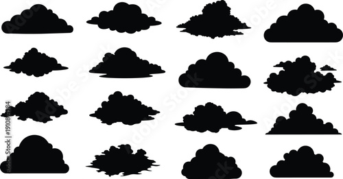 Set of Black Cloud Silhouettes Isolated on White Background, Collection of Different Cloud Shapes for Weather, Design, and Sky Illustration Concepts