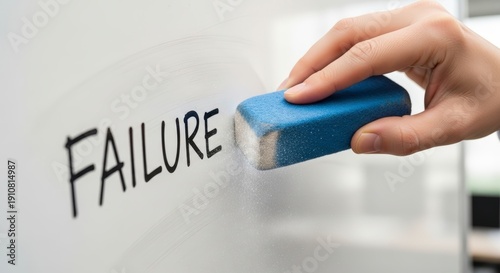 Hand erasing failure text on wall.