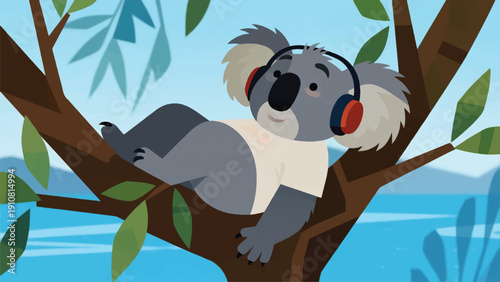 Illustration Of A Koala Wearing A Casual T-Shirt And Headphones, Lying On A Tree Branch, A Calm Holiday Atmosphere, Soft Afternoon Light Vector Design Template