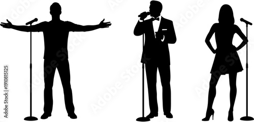 Singer silhouette set, professional performers with microphones, vocalists on stage, music concert artists, male and female singers performing live icons.