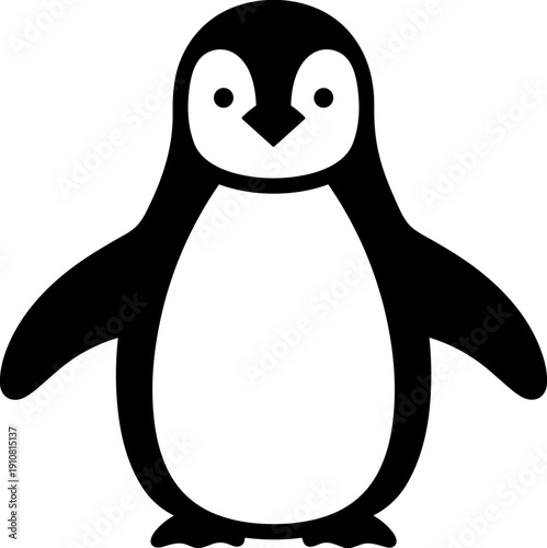 Cute penguin character icon, flat vector illustration of an adorable antarctic bird, simple black and white animal logo, isolated flightless bird symbol.
