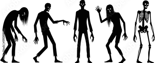 Zombie silhouette set, creepy walking undead figures, human skeleton icon, horror halloween character collection, spooky monster silhouettes for graphic design.
