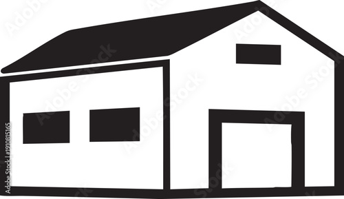 A black and white illustration of a simple building with a gable roof and garage door viewed from the front