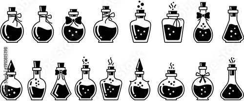 Magic potion bottles set, alchemy elixir glass jars with corks, mystic liquid symbols, witchcraft occult laboratory equipment, apothecary vials icons.