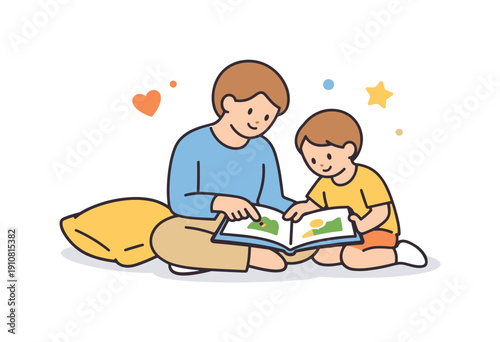 A father and his young son are sitting on the floor, engrossed in a colorful picture book, sharing a heartwarming experience