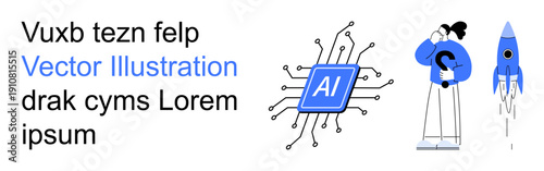 Artificial intelligence, innovation, curiosity, space exploration, scientific research, futuristic technology. Circuit board with AI label, human figure observing and rocket. Artificial intelligence