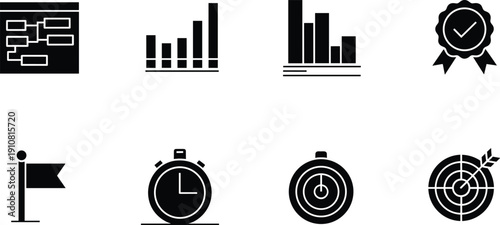 Black and white business strategy flowchart business, strategy, black, white, flowchart, bar graphs, flag, stopwatch, target, planning, management, marketing, finance, goals, success, collection, eigh