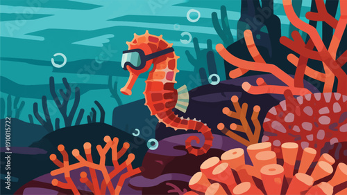 Illustration Of A Seahorse Wearing Diving Goggles, Swimming Leisurely On A Coral Reef, Sea Plants Vector Design Template