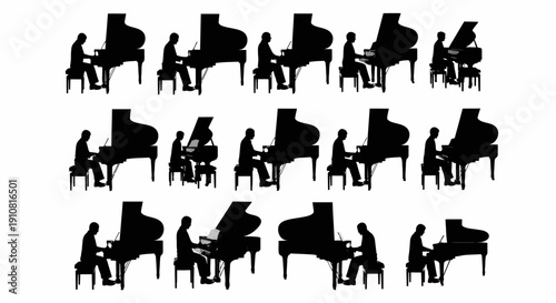Silhouettes of people playing grand pianos in various positions.