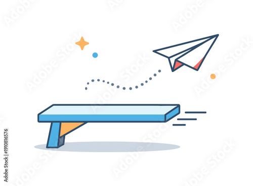 A stylized paper airplane launches from a blue diving board, leaving a dotted trail, representing innovation and forward momentum