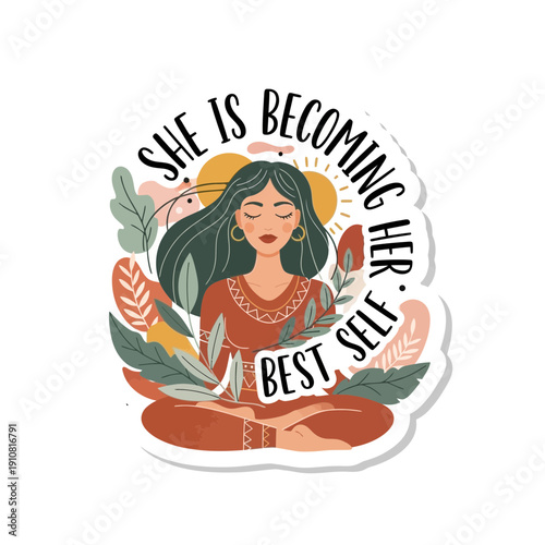 She is becoming her best self, mindful woman in lotus pose surrounded by nature and calming colors, embracing personal growth and wellness