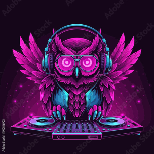 Neon DJ Owl with Headphones and Turntables, Vibrant Electronic Music Vibe
