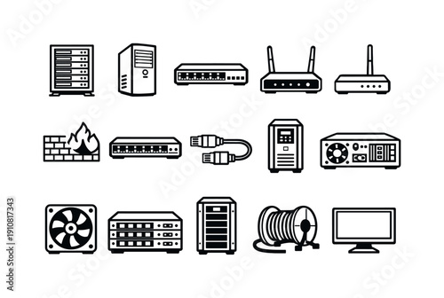 This graphic features a variety of black and white icons representing servers, routers, switches, firewalls, cables, and computer monitors, ideal for tech-related content