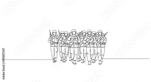 Soldiers marching in a line with rifles on a white background  