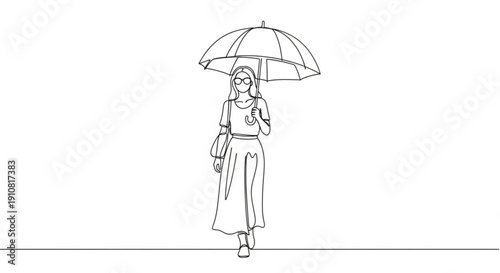 Woman walking with umbrella for shade in minimal line art style  