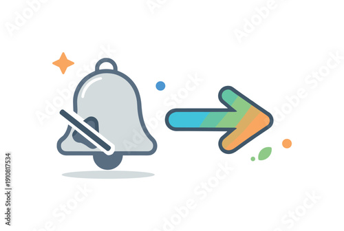 A stylized bell icon with a diagonal line through it, symbolizing muted notifications, points towards a vibrant arrow, suggesting a transition or next step
