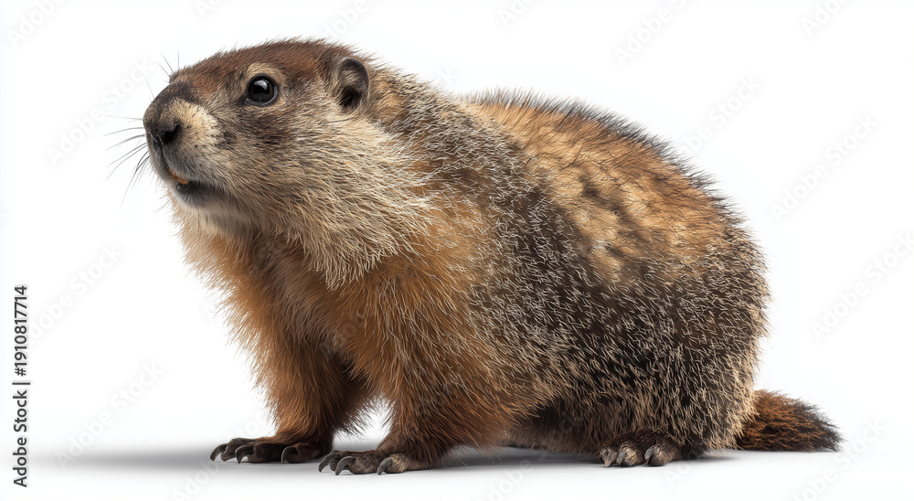 Fototapeta premium a groundhog standing on its hind legs, isolated against a white background.
