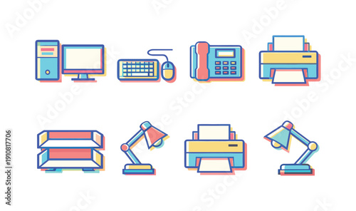A set of stylized icons representing a computer, keyboard, mouse, fax machine, printer, desk lamp, and paper tray, all rendered in a modern flat design style with a pastel color palette
