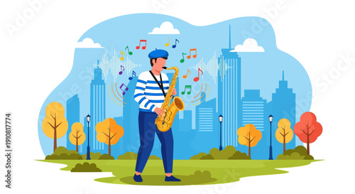 Man playing saxophone in a vibrant city park with colorful trees and skyscrapers.
