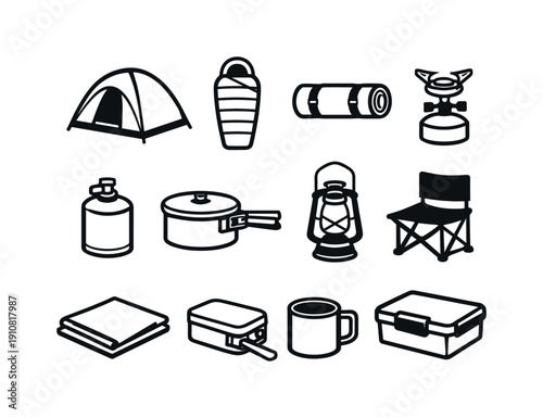 A set of simple black and white line art icons representing essential outdoor adventure gear for camping and hiking trips