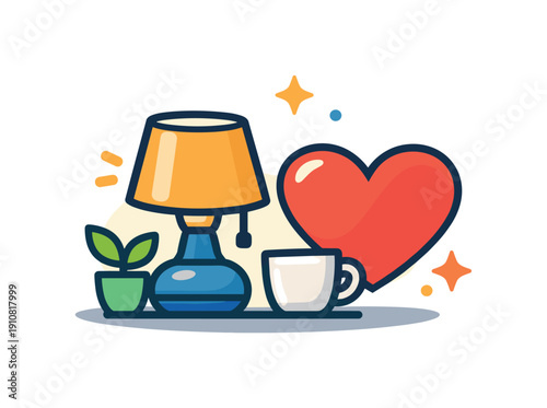 A charming flat design illustration depicts a bedside table with a glowing lamp, a small potted plant, a steaming coffee cup, and a large red heart symbolizing love and comfort