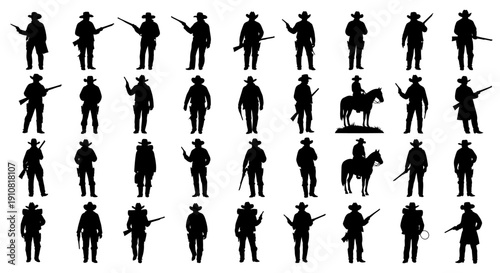 Collection of cowboy silhouettes in various poses with guns and horses.