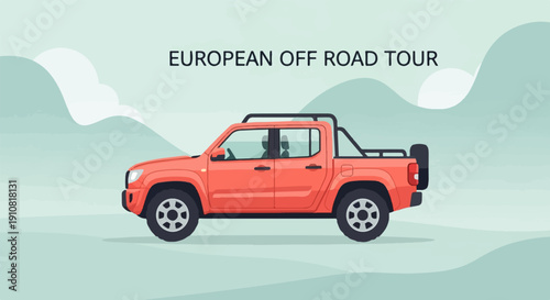 Orange truck on a misty, mountainous background with text