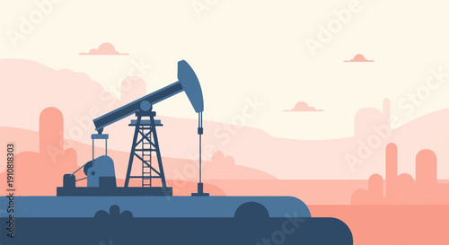 Minimalist illustration of an oil pumpjack at sunset with pink sky