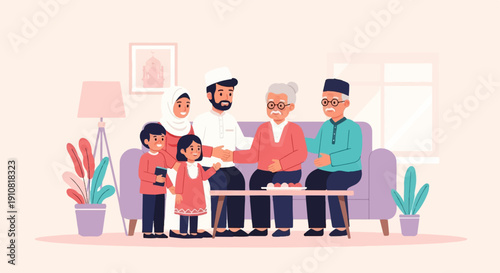 Multi-generational Muslim family gathering and greeting each other warmly indoors