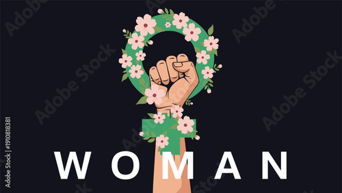 Powerful raised fist is shown inside a green female symbol adorned with pink cherry blossoms for a strong Women's Day or feminist message.