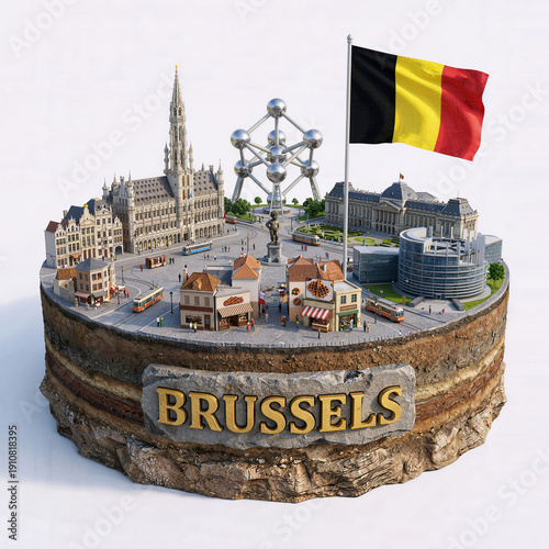 Belgium, Brussels, Isometric diorama. Monument sculpture Manneken Pis, Grand Place, Royal Palace, European Parliament, trams, national flag. Miniature city slice local urban culture heritage