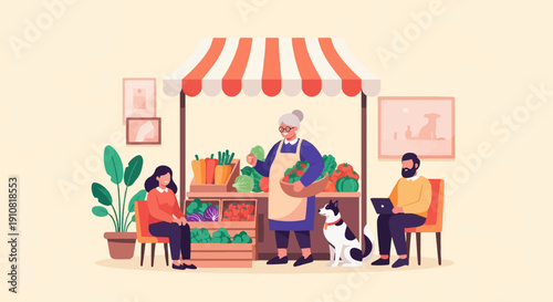 Market stall with fresh produce, customers, vendor, and dog