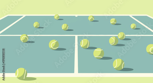Many tennis balls scattered across a pastel blue court under a light yellow sky
