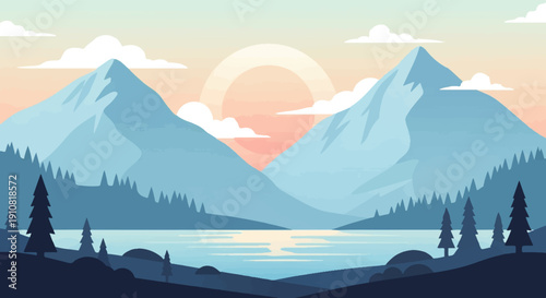 Minimalist mountain lake scene at sunset with silhouetted trees