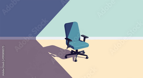Minimalist office chair casting a long shadow against a backdrop of geometric planes