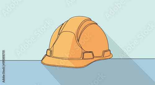 Minimalist orange hard hat resting on a blue surface, casting a long shadow
